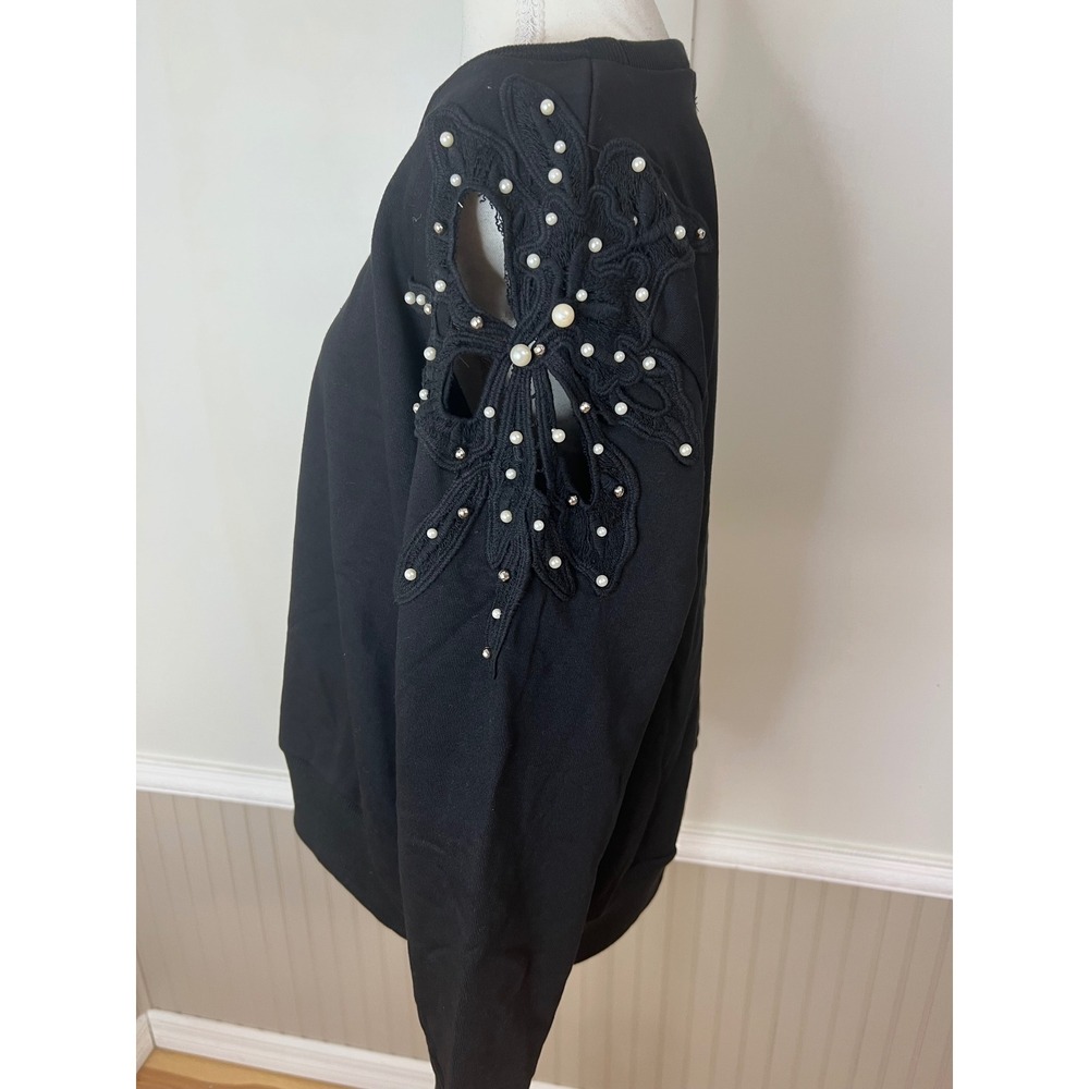 A.C.G. Los Angeles Black Pearl Embellished Lace Shoulder Sweatshirt Large
